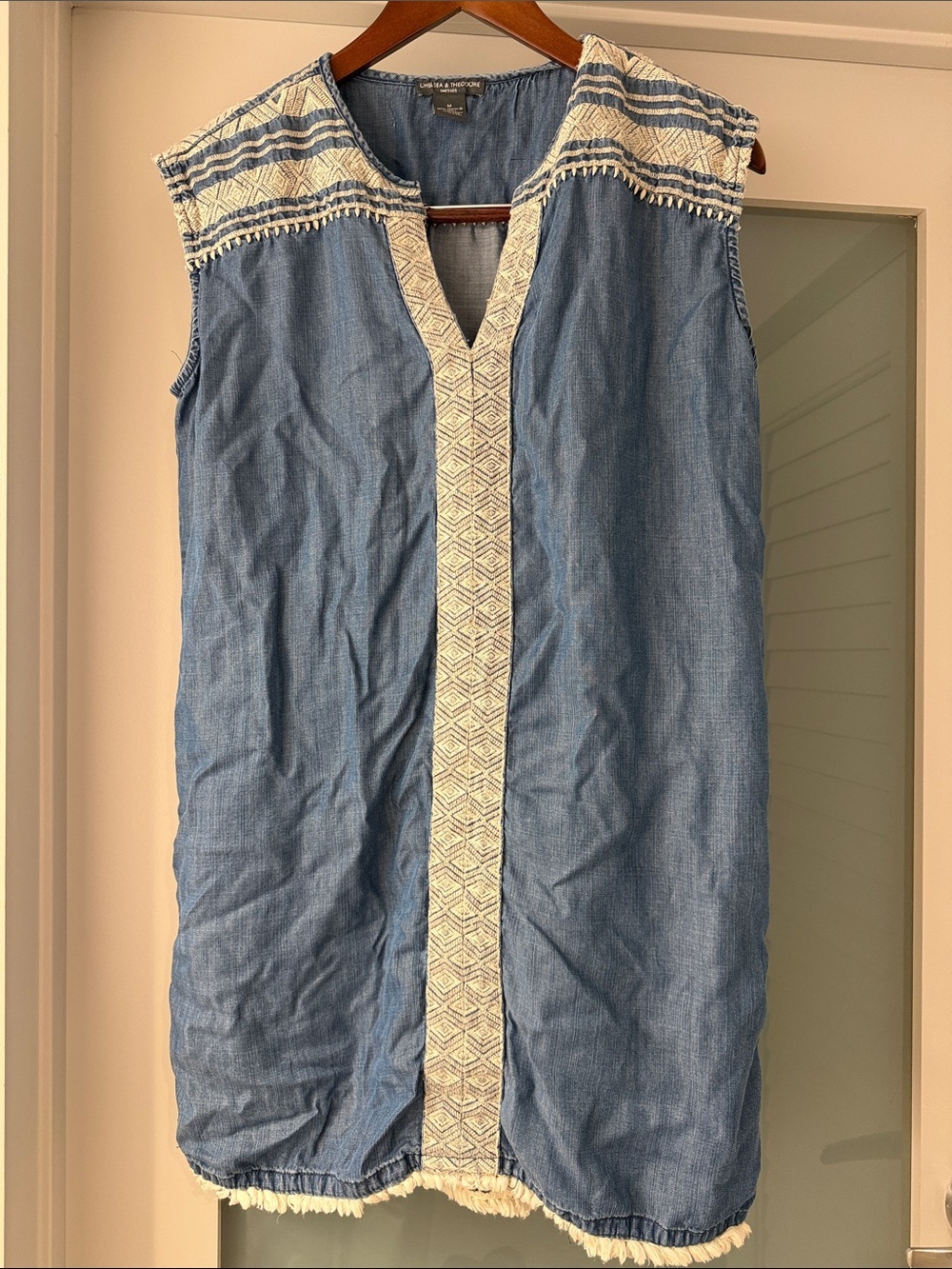 Chelsea & Theodore Blue Denim Sleeveless Embroidered Tunic Dress
